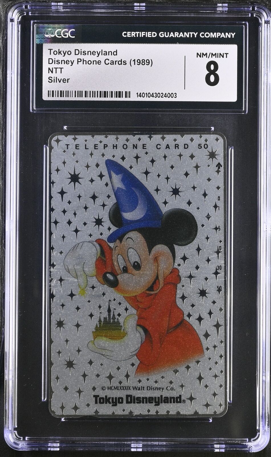 1989 Tokyo Disneyland (Mickey pointing down) Disney Phone Card Silver CGC 8 PSA