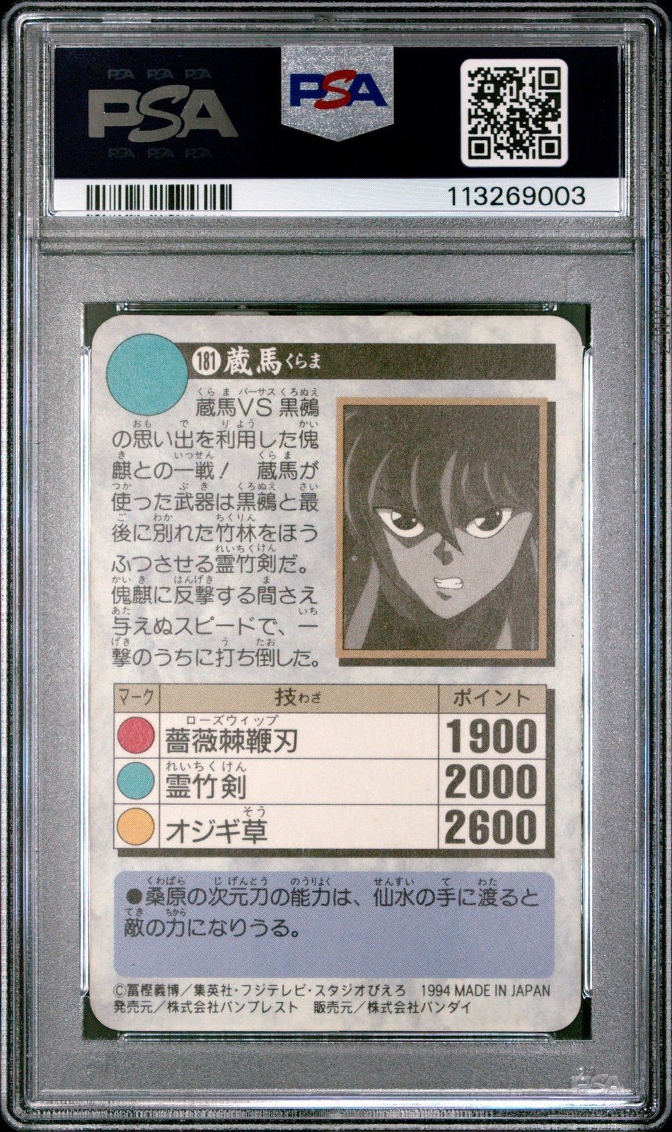 1994 YUYU HAKUSHO CARDDASS PART 5 181 KURAMA PSA 7