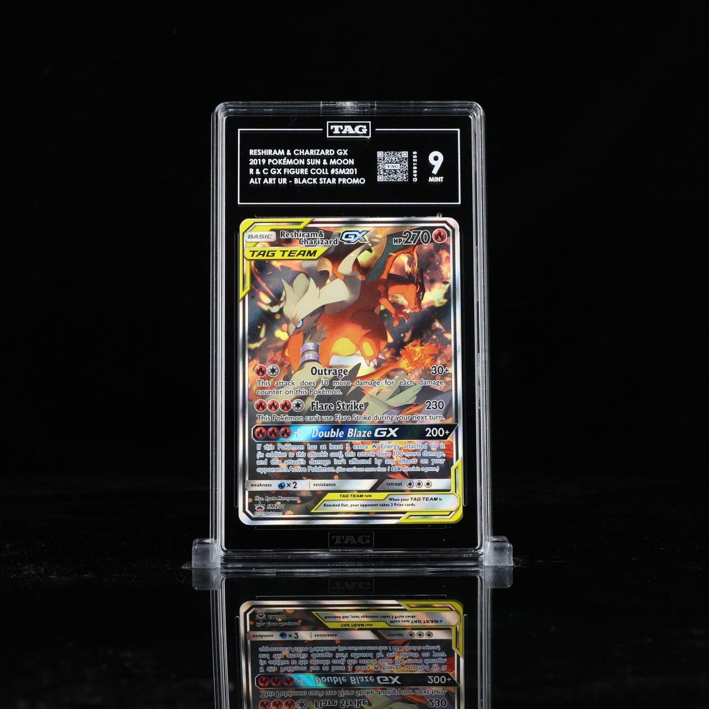 2019 POKEMON SM BLACK STAR PROMO SM201 FULL ART/RESHIRAM & CHARIZARD GX TAG 9