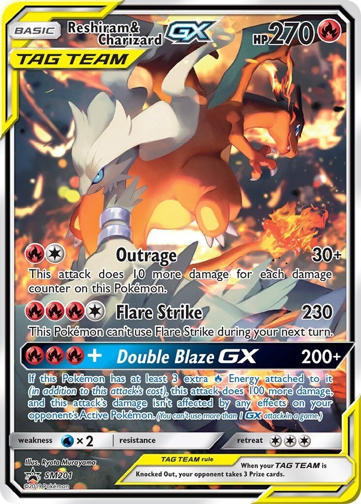 2019 POKEMON SM BLACK STAR PROMO SM201 FULL ART/RESHIRAM & CHARIZARD GX TAG 9