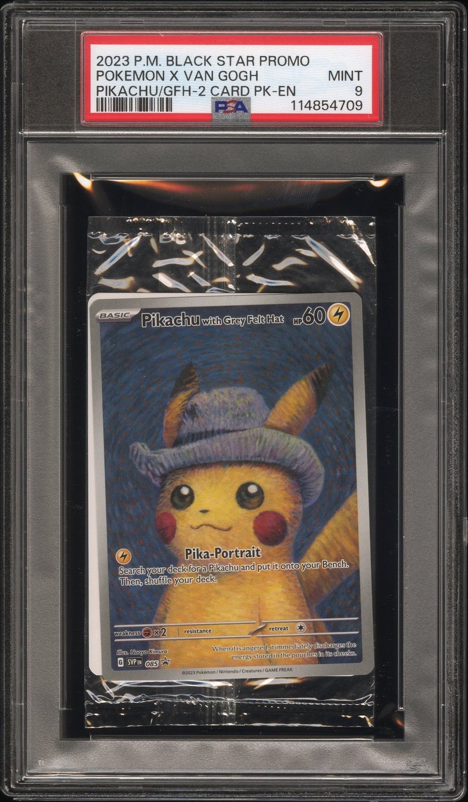 2023 PIKACHU BLACK STAR PROMO GREY FELT HAT X VAN GOGH - CELLO PACK PSA 9