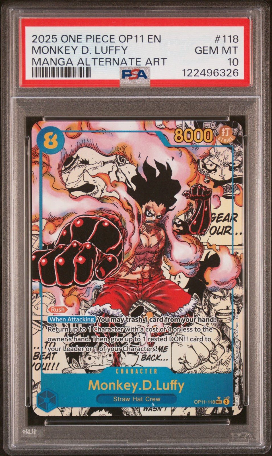 2025 ONE PIECE OP11 FIST OF DIVINE SPEED MANGA ALT ART 118 MONKEY D LUFFY PSA 10