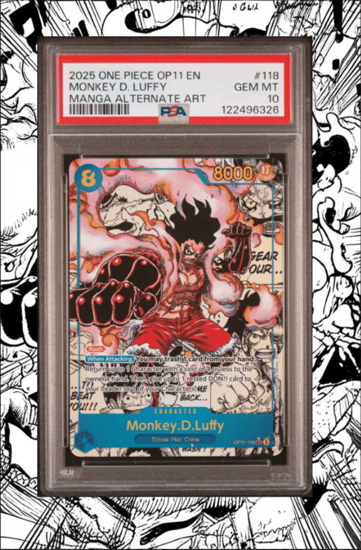 2025 ONE PIECE OP11 FIST OF DIVINE SPEED MANGA ALT ART 118 MONKEY D LUFFY PSA 10
