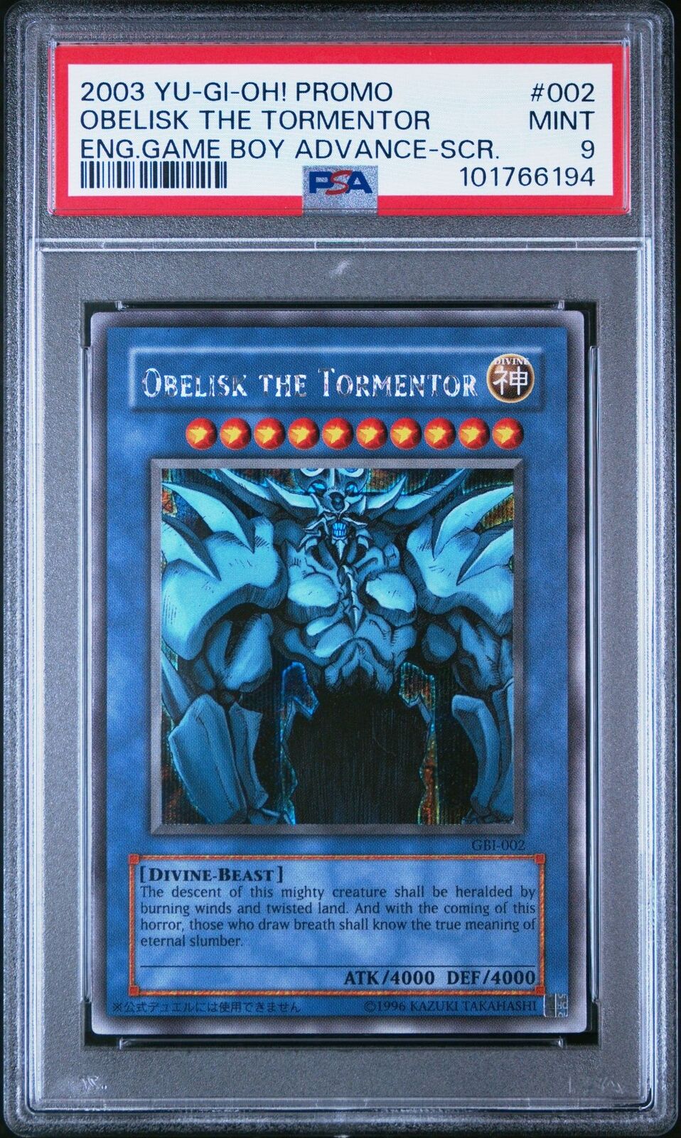 Yu-Gi-Oh! Obelisk The Tormentor Game Boy Advance Secret Rare Promo GBI-002 PSA 9