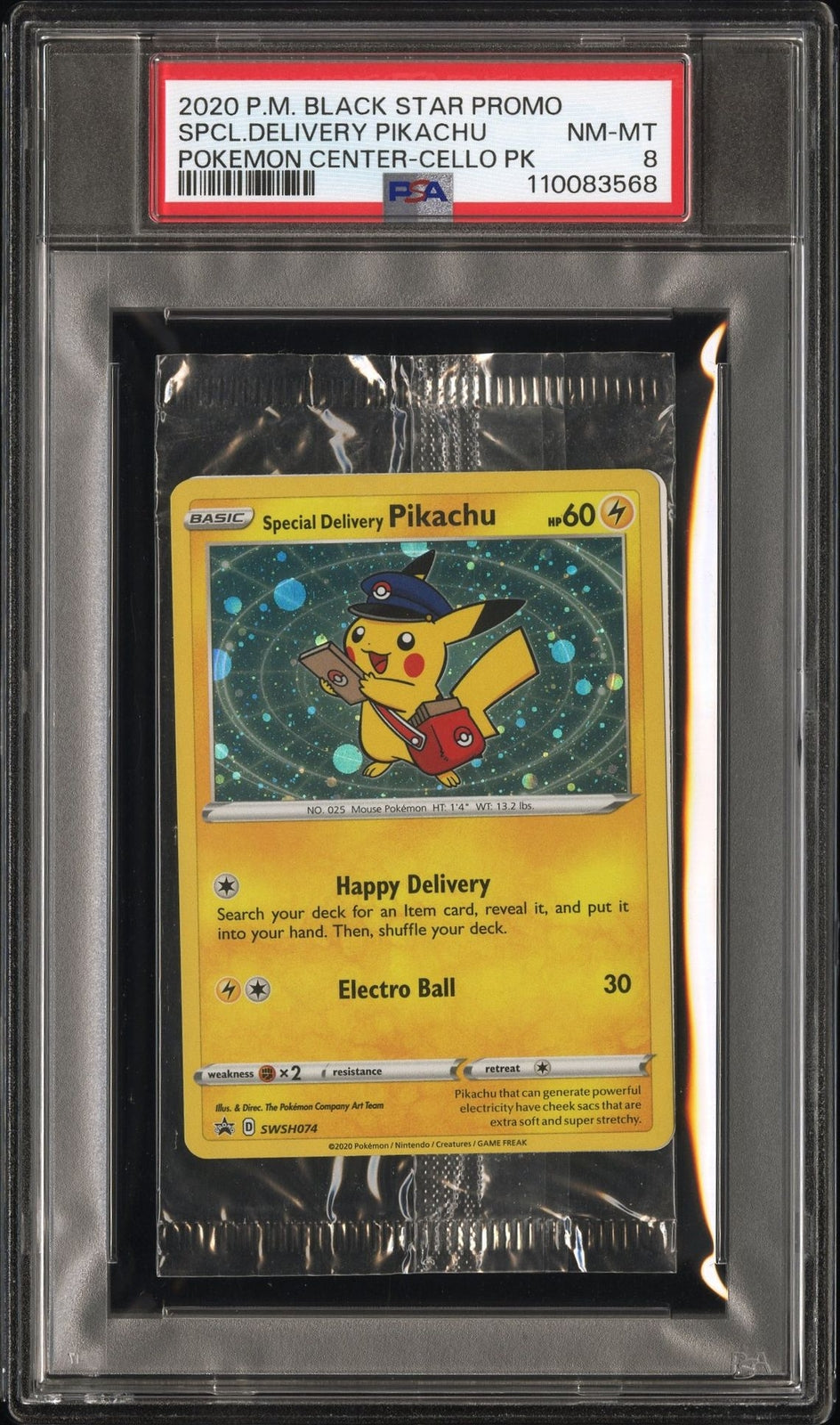 2020 Special Delivery Pikachu PSA 8 POKEMON CENTER CELLO Black Star Promo Sealed