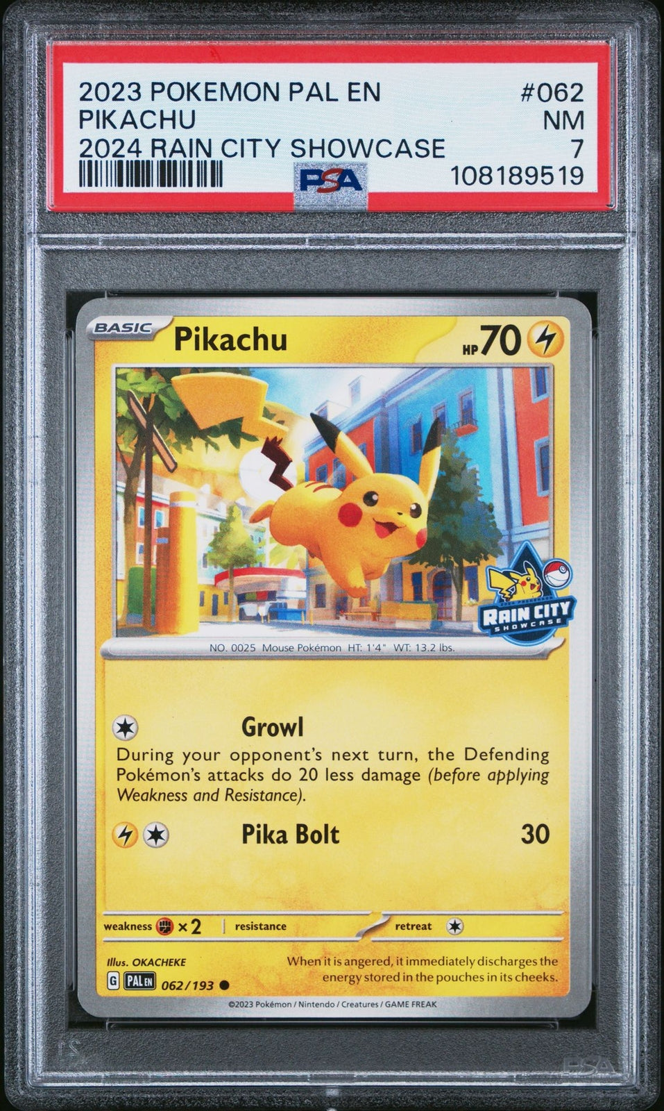 2023 POKEMON PAL EN-PALDEA EVOLVED 2024 RAIN CITY SHOWCASE #062 PIKACHU PSA 7