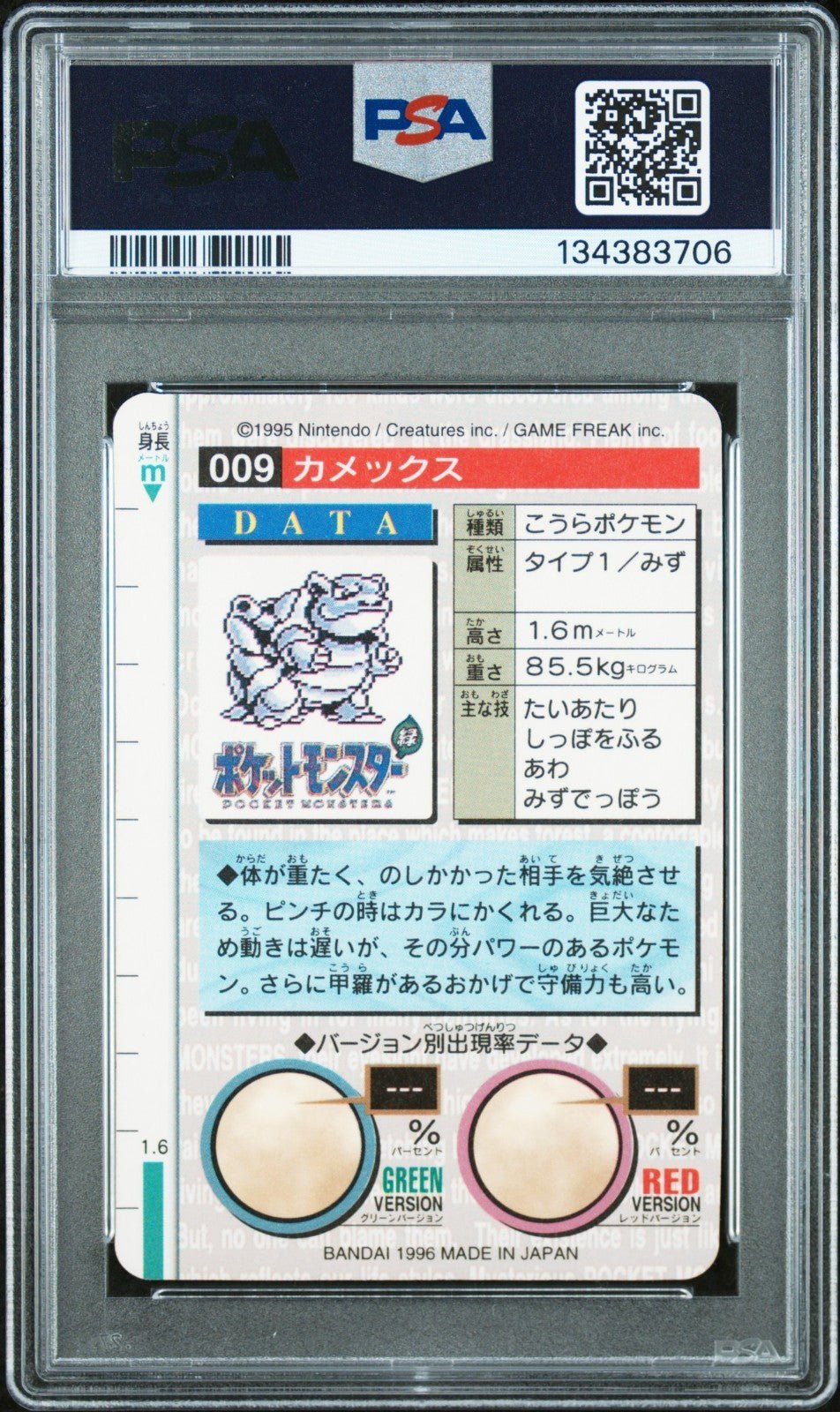 Blastoise Pokemon 1996 Prism Bandai Carddass Vending Green Japanese 9 PSA 9