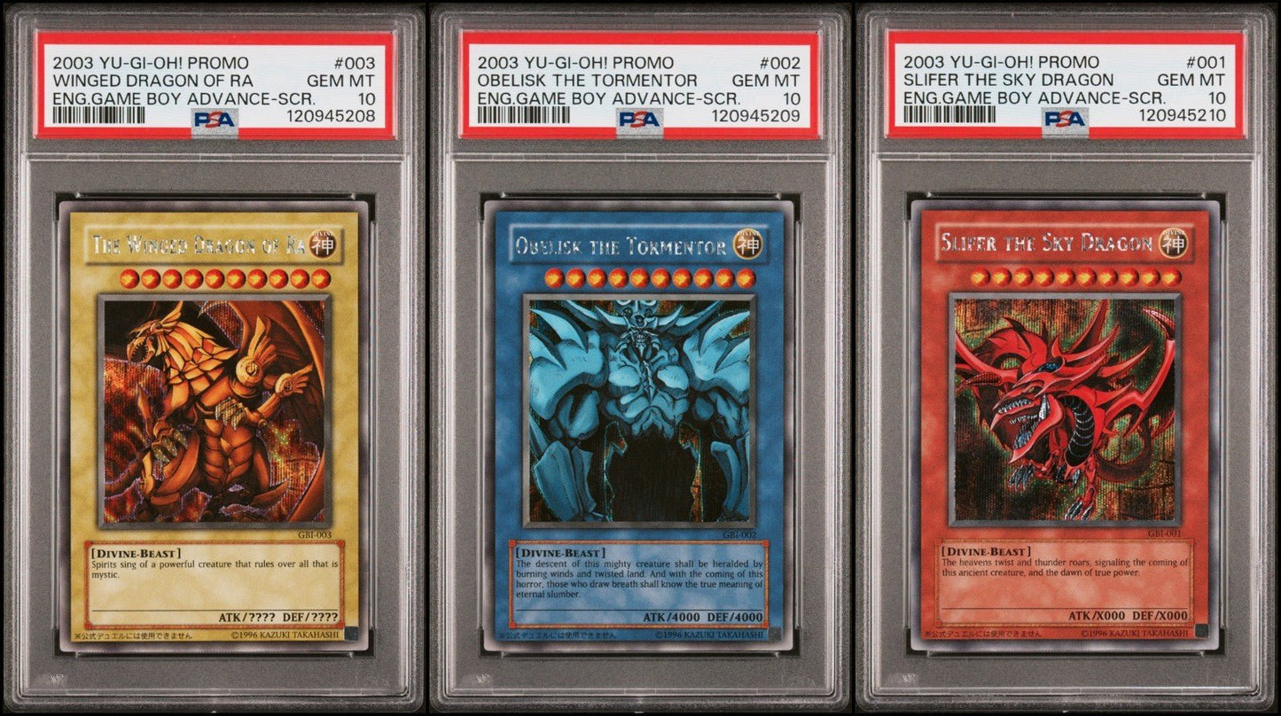 PSA 10 Yugioh Ra Obelisk Slifer Secret Rare GBI 001 002 003 Sequential Set