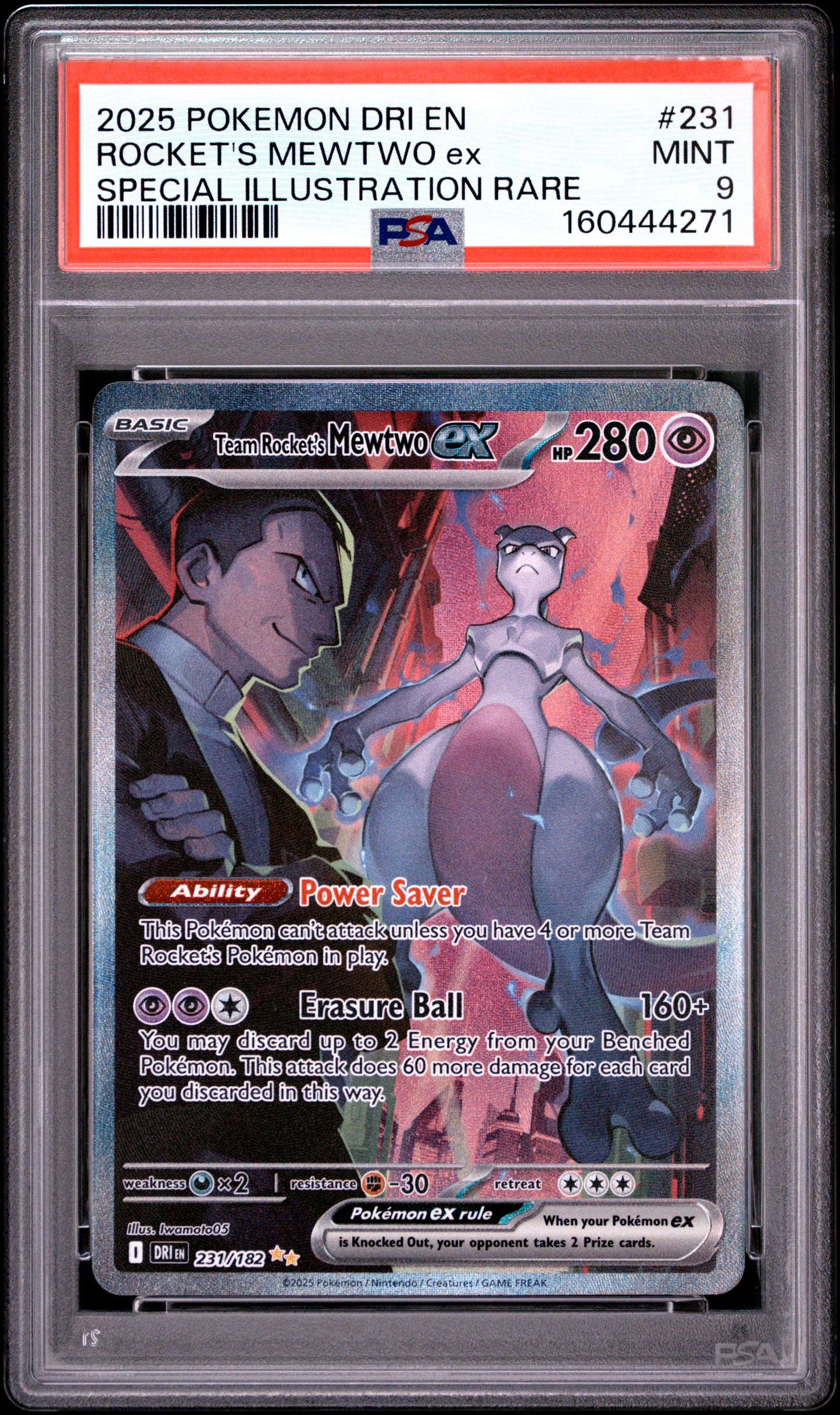 2025 POKEMON DRI EN-DESTINED RIVALS #231 TEAM ROCKET'S MEWTWO EX PSA 9