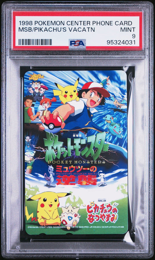 1998 POKEMON CENTER PHONE CARD MEWTWO STRIKES BACK/PIKACHU'S VACATION PSA 9