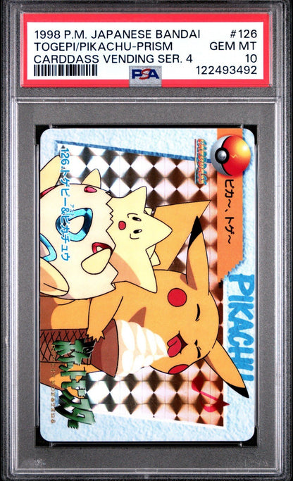 1998 POKEMON JPN BANDAI CARDDASS VENDING SER 4 TOGEPI & PIKACHU - PRISM PSA 10