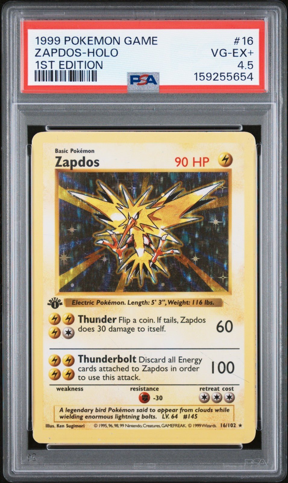 1999 1st Edition Holo Zapdos Shadowless WOTC Base Set Pokemon Game 4.5 PSA