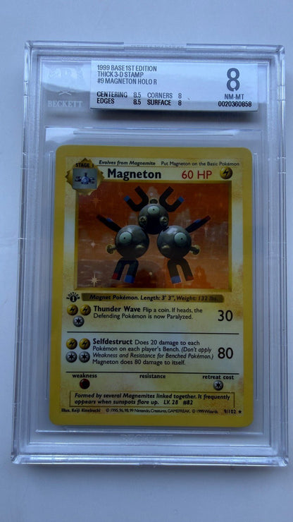 1999 Pokemon Base Set 1st Edition Holo Rare Magneton 9/102 Thick Stamp BGS 8