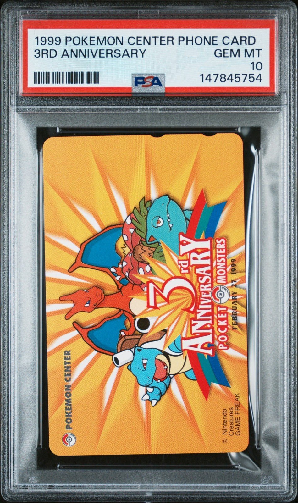 1999 POKEMON CENTER PHONE CARD 3RD ANNIVERSARY PSA 10