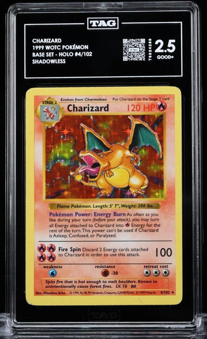 1999 Pokemon Charizard Shadowless Base Set Holo 4/102 TAG 2.5