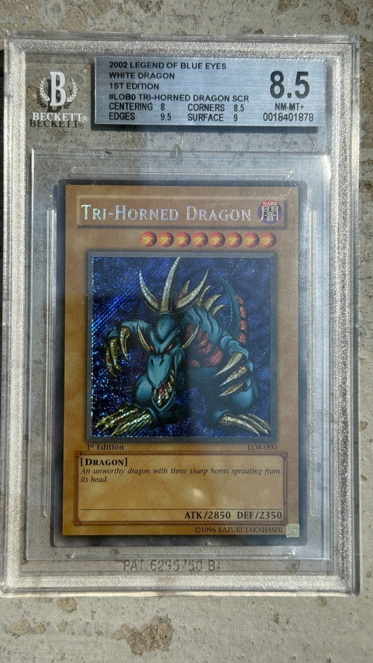 2002 YuGiOh Tri - Horned Dragon 1st Edition Secret LOB - 000 BGS 8.5 PSA NA English
