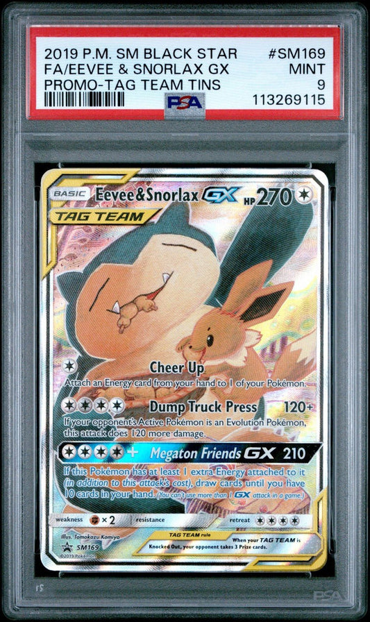 2016 - 19 Pokemon SM Black Star Promos Eevee & Snorlax Tag Team GX SM169 PSA 9