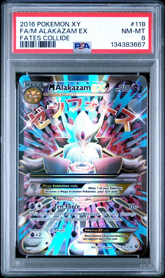 2016 POKEMON XY FATES COLLIDE 118 FULL ART/M ALAKAZAM EX PSA 8