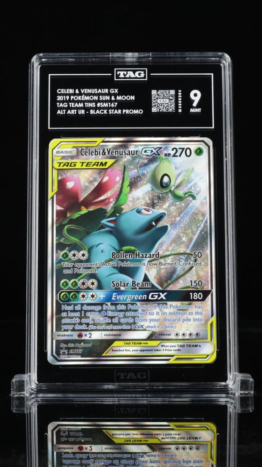 2019 POKEMON SM BLACK STAR PROMO SM167 FULL ART/CELEBI & VENUSAUR GX PSA 9