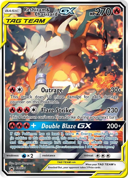 2019 POKEMON SM BLACK STAR PROMO SM201 FULL ART/RESHIRAM & CHARIZARD GX TAG 9