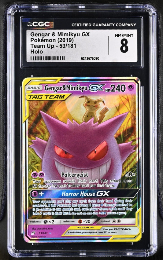 2019 Pokemon Sun & Moon Team Up 53 Gengar & Mimikyu GX Holo CGC 8