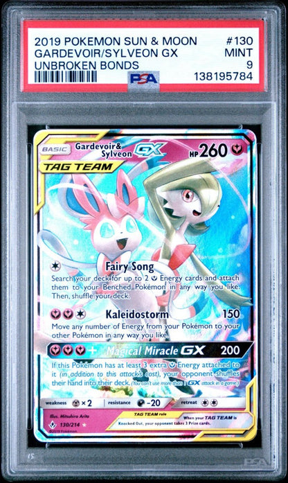2019 POKEMON SUN & MOON UNBROKEN BONDS 130 GARDEVOIR & SYLVEON GX PSA 9