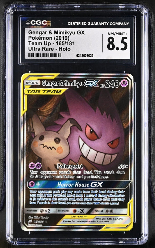 2019 Pokemon Team Up Ultra Rare Holo 165/181 Gengar & Mimikyu GX CGC 8.5