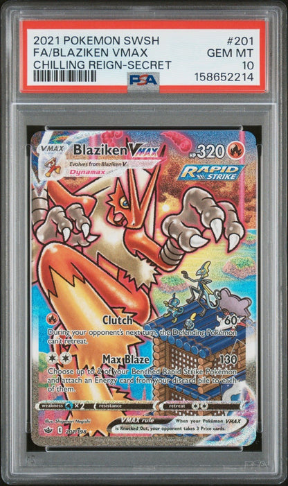 2021 POKEMON SWORD & SHIELD CHILLING REIGN SECRET FULL ART/BLAZIKEN VMAX PSA 10