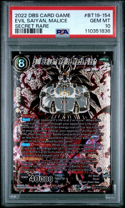 2022 Dragon Ball Super BT19 - 154 Evil Saiyan Malice Made Flesh Secret Rare PSA 10