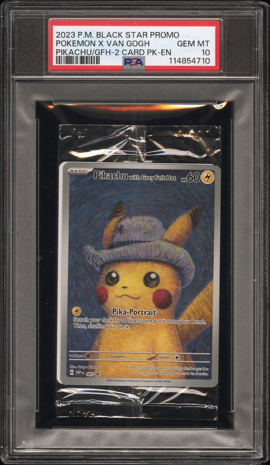 2023 PIKACHU BLACK STAR PROMO GREY FELT HAT X VAN GOGH - CELLO PACK PSA 10 2