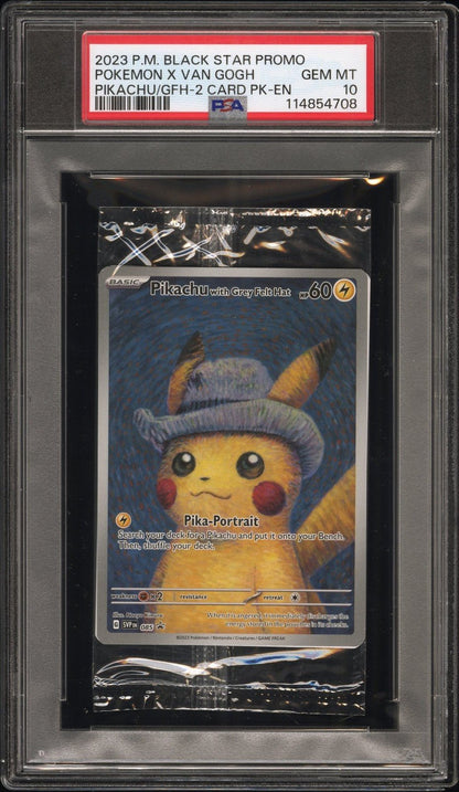 2023 PIKACHU BLACK STAR PROMO GREY FELT HAT X VAN GOGH - CELLO PACK PSA 10