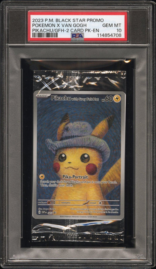 2023 PIKACHU BLACK STAR PROMO GREY FELT HAT X VAN GOGH - CELLO PACK PSA 10
