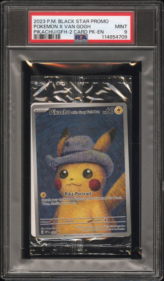 2023 PIKACHU BLACK STAR PROMO GREY FELT HAT X VAN GOGH - CELLO PACK PSA 9