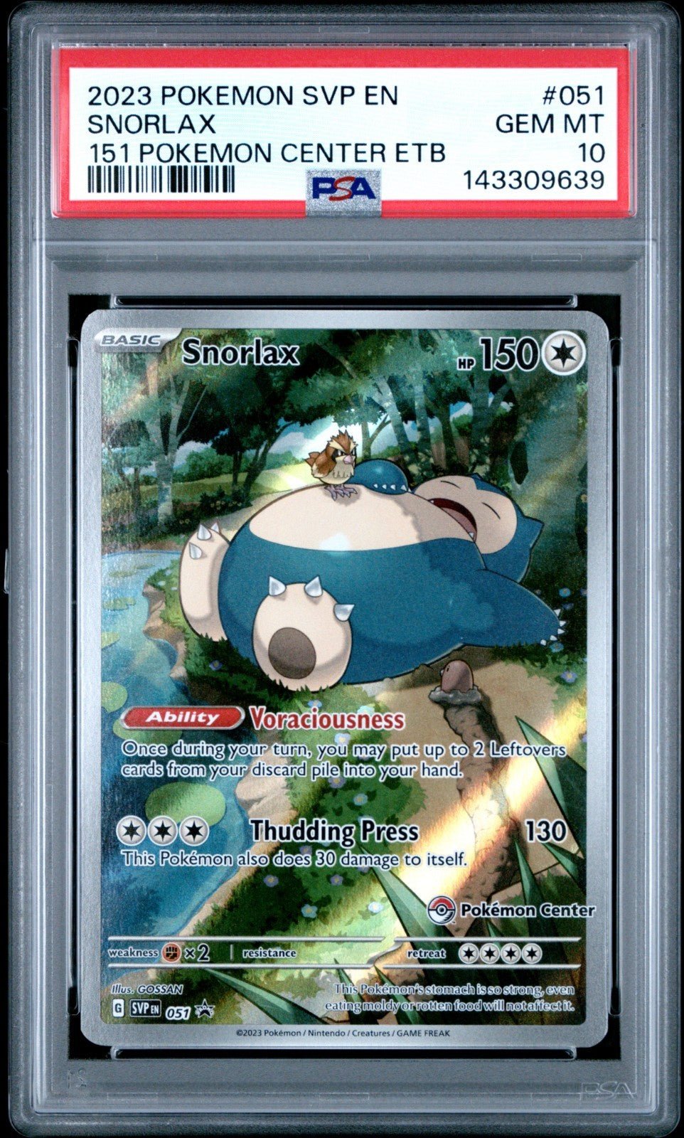 2023 POKEMON 151 POKEMON CENTER ELITE TRAINER BOX PROMO SVP 051 SNORLAX PSA 10