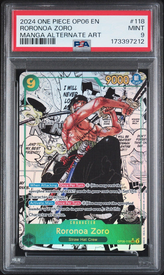 2024 One Piece Roronoa Zoro (Manga) OP06-118 Wings of the Captain Foil PSA 9