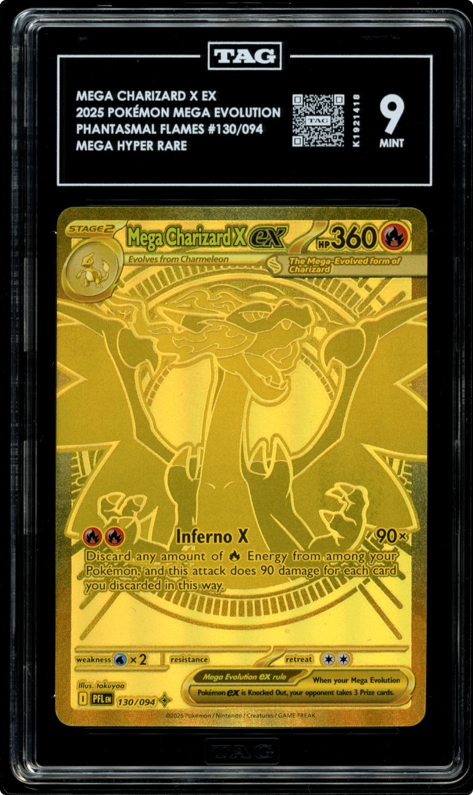 2025 MEGA CHARIZARD X EX HYPER RARE GOLD PHANTASMAL FLAMES POKEMON TAG 9 130