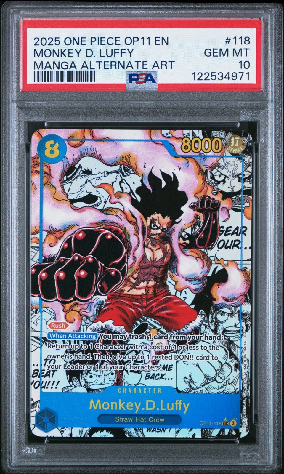 2025 ONE PIECE MANGA ALTERNATE ART OP11 - 118 MONKEY D. LUFFY ENGLISH PSA 10