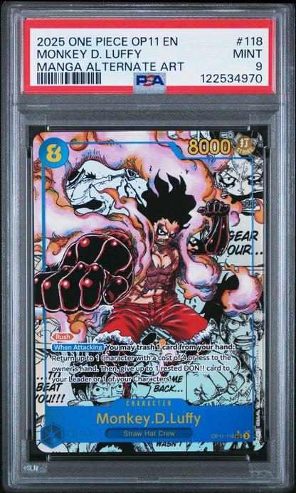 2025 ONE PIECE MANGA ALTERNATE ART OP11 - 118 MONKEY D. LUFFY ENGLISH PSA 9