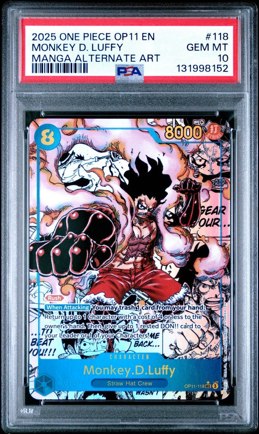 2025 ONE PIECE OP11 - 118 MONKEY D LUFFY MANGA ALT ART English PSA 10 GEM MINT 3