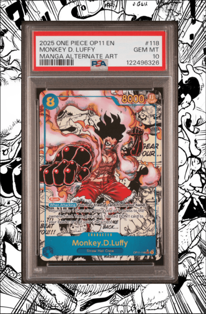 2025 ONE PIECE OP11 FIST OF DIVINE SPEED MANGA ALT ART 118 MONKEY D LUFFY PSA 10