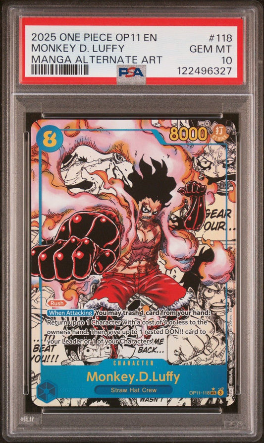 2025 ONE PIECE OP11 FIST OF DIVINE SPEED MANGA ART 118 MONKEY D LUFFY PSA 10 2