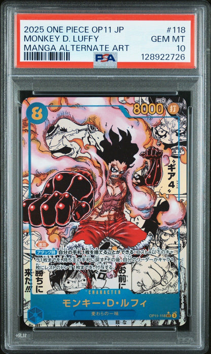 2025 One Piece OP11 Japanese Manga Alt Art Monkey D. Luffy 118 PSA 10