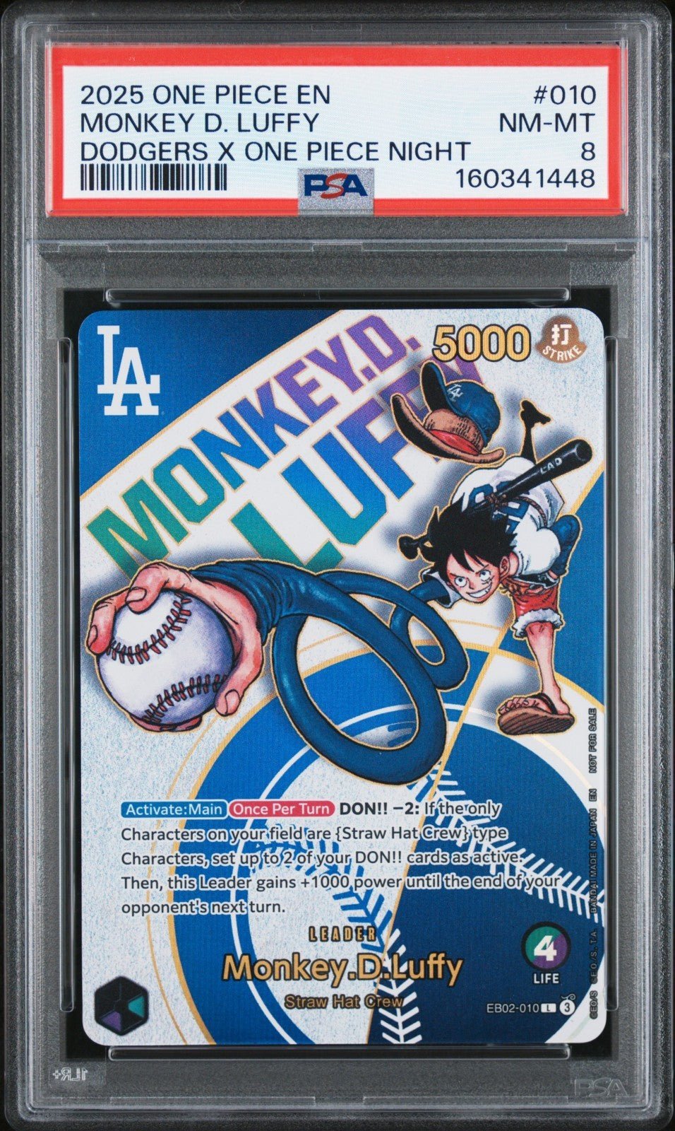 2025 ONE PIECE PROMOS DODGERS X ONE PIECE NIGHT 010 MONKEY D. LUFFY PSA 8