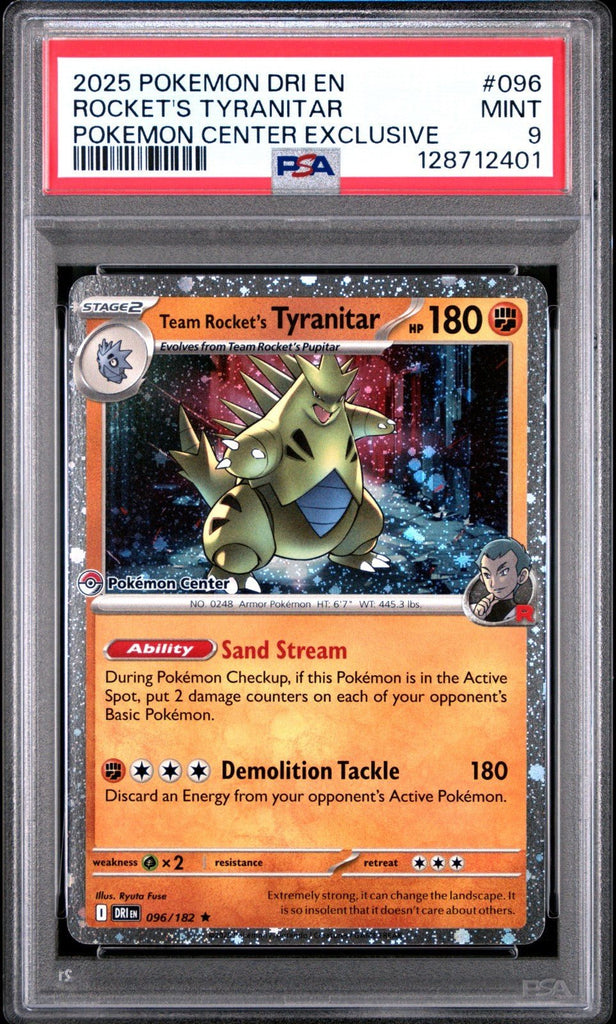 2025 POKEMON DESTINED RIVALS POKEMON CENTER 096 TEAM ROCKET'S TYRANITAR PSA 9