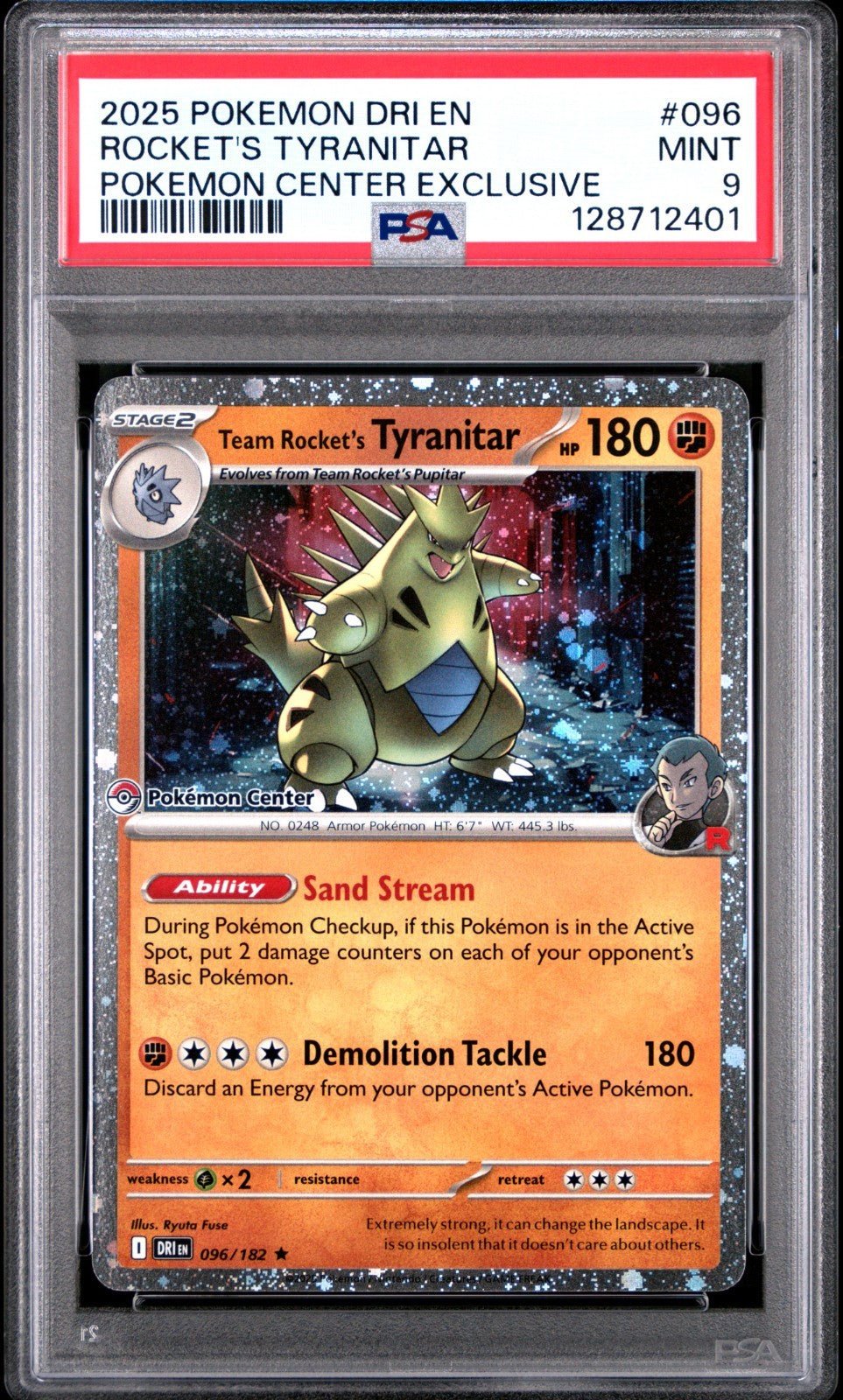 2025 POKEMON DESTINED RIVALS POKEMON CENTER 096 TEAM ROCKET'S TYRANITAR PSA 9