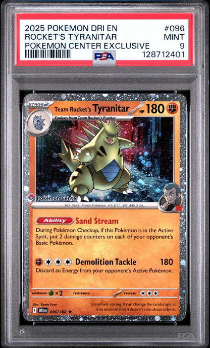 2025 POKEMON DESTINED RIVALS POKEMON CENTER 096 TEAM ROCKET'S TYRANITAR PSA 9