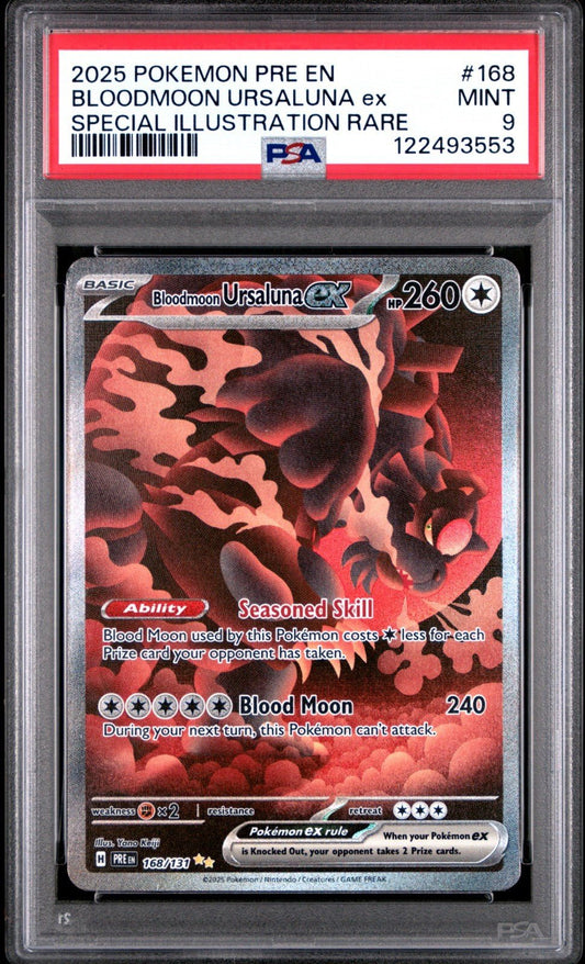 2025 Pokémon SV168 Prismatic Evolutions Bloodmoon Ursaluna ex Holo – PSA 9