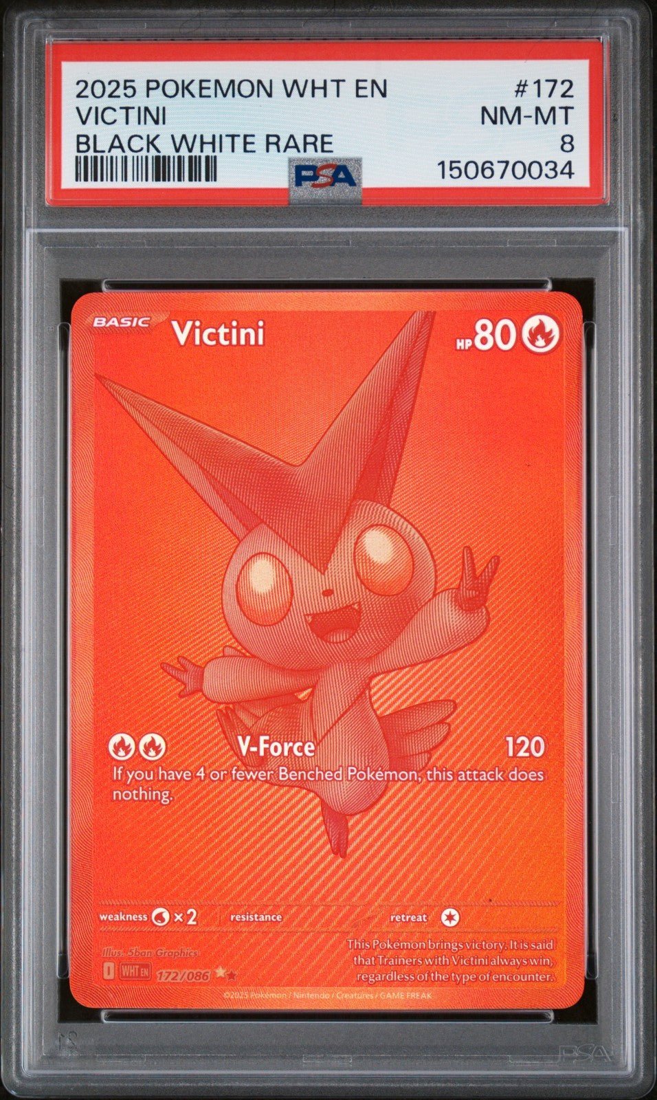 2025 POKEMON WHT EN-WHITE FLARE BLACK WHITE RARE 172 VICTINI PSA 8