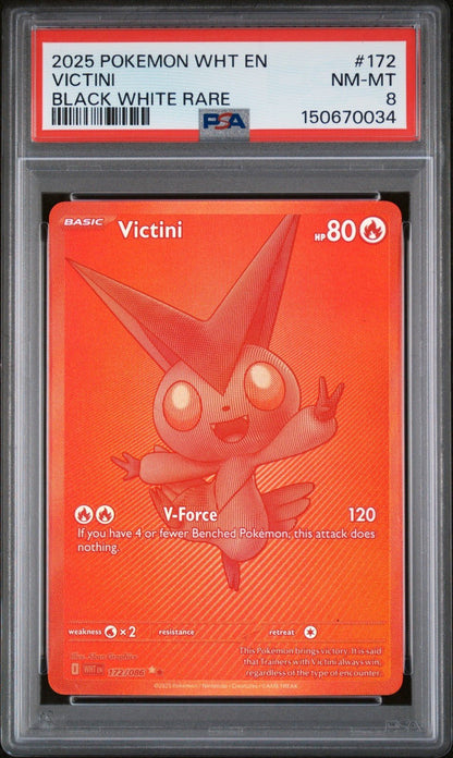 2025 POKEMON WHT EN-WHITE FLARE BLACK WHITE RARE 172 VICTINI PSA 8