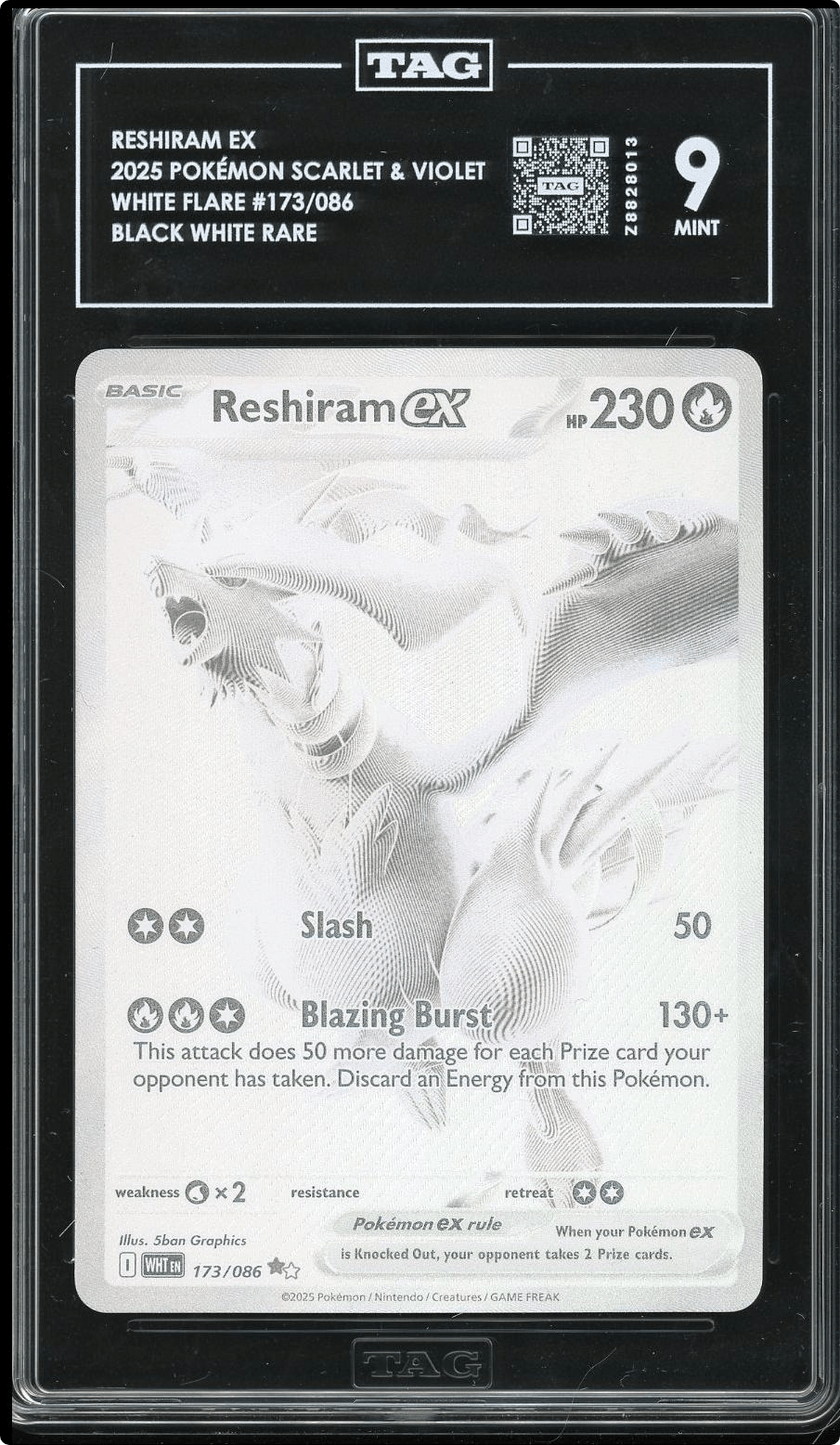 2025 POKEMON WHT EN-WHITE FLARE BLACK WHITE RARE #173 RESHIRAM EX TAG 9